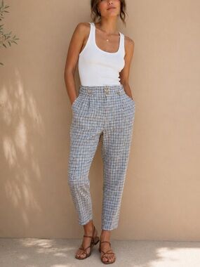 Sundance Life of Dreams Pleated Plaid Ankle Tapered Pants High Waist 6 Linen